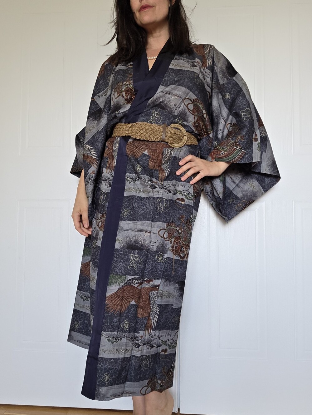 Vintage Japanese Cotton Juban | Samurai Armor & Hawk Novelty Print Kimono
